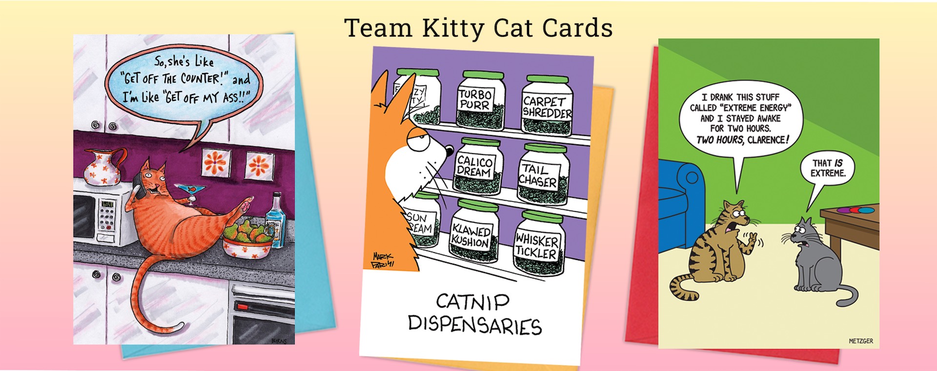 Team Kitty Cat Cards Three colorful cartoons by glenn-mccoy: an airport security line, a man arguing with an angry pie, and a restroom scene with someone holding foam fingers labeled #1 and #2 over the stalls.