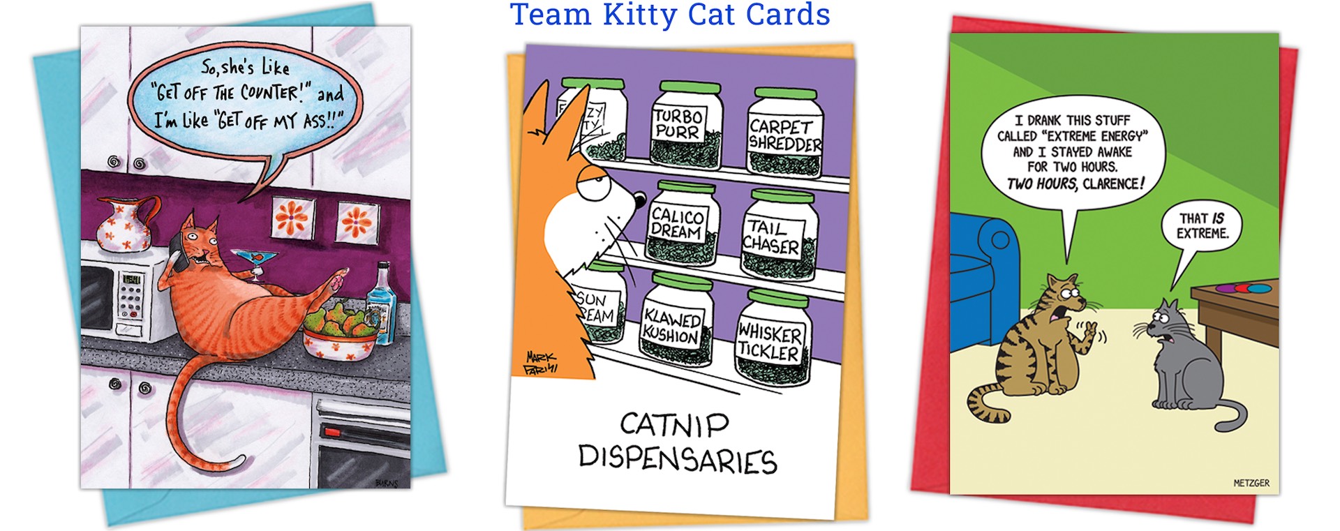 Team Kitty Cat Cards Three colorful cartoons by glenn-mccoy: an airport security line, a man arguing with an angry pie, and a restroom scene with someone holding foam fingers labeled #1 and #2 over the stalls.