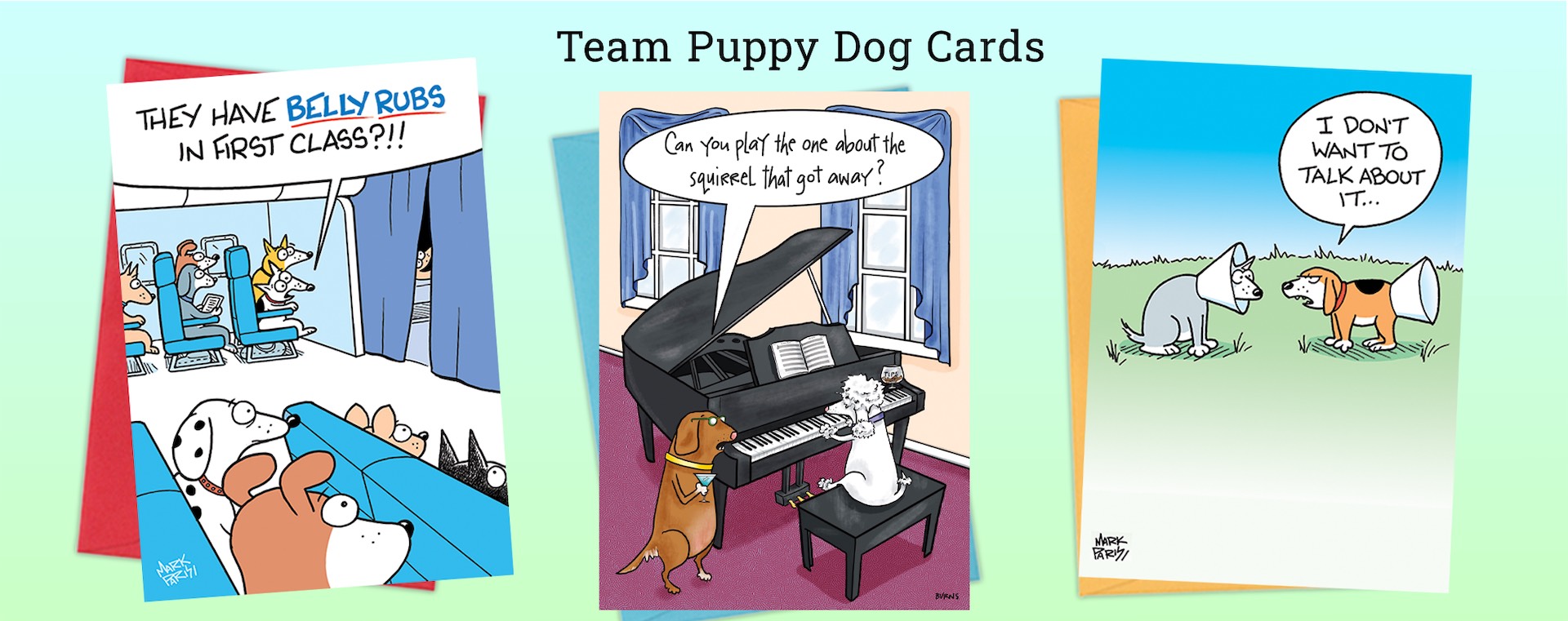 Team Puppy Dog Cards Three colorful cartoons by glenn-mccoy: an airport security line, a man arguing with an angry pie, and a restroom scene with someone holding foam fingers labeled #1 and #2 over the stalls.