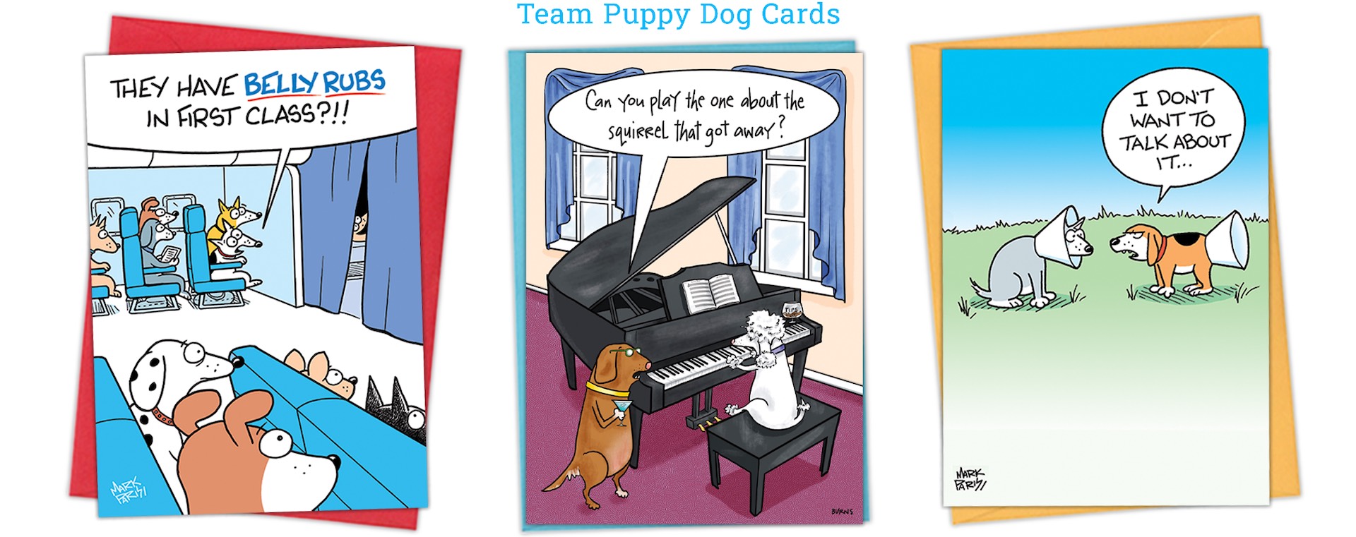 Team Puppy Dog Cards Three colorful cartoons by glenn-mccoy: an airport security line, a man arguing with an angry pie, and a restroom scene with someone holding foam fingers labeled #1 and #2 over the stalls.