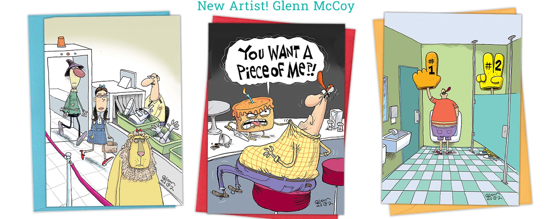 New Artist! Glenn McCoy Three colorful cartoons by glenn-mccoy: an airport security line, a man arguing with an angry pie, and a restroom scene with someone holding foam fingers labeled #1 and #2 over the stalls.