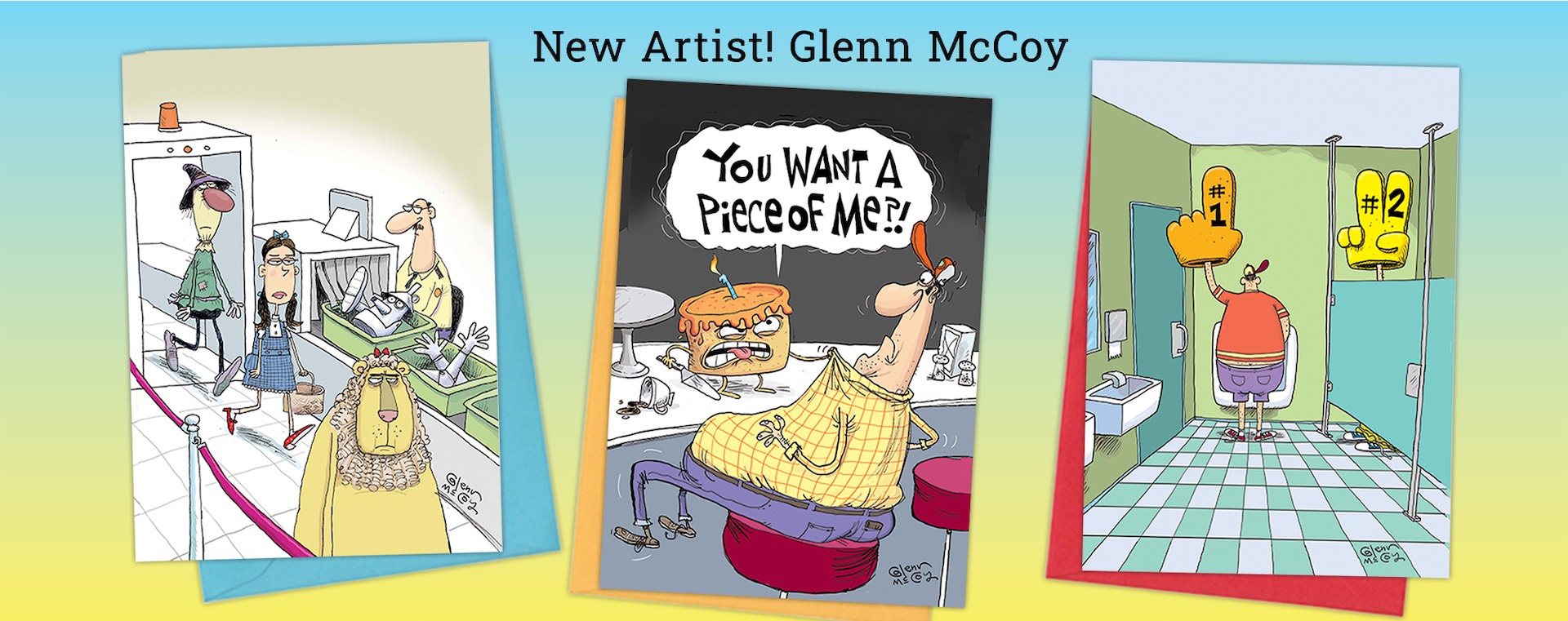 New Artist! Glenn McCoy Three colorful cartoons by glenn-mccoy: an airport security line, a man arguing with an angry pie, and a restroom scene with someone holding foam fingers labeled #1 and #2 over the stalls.