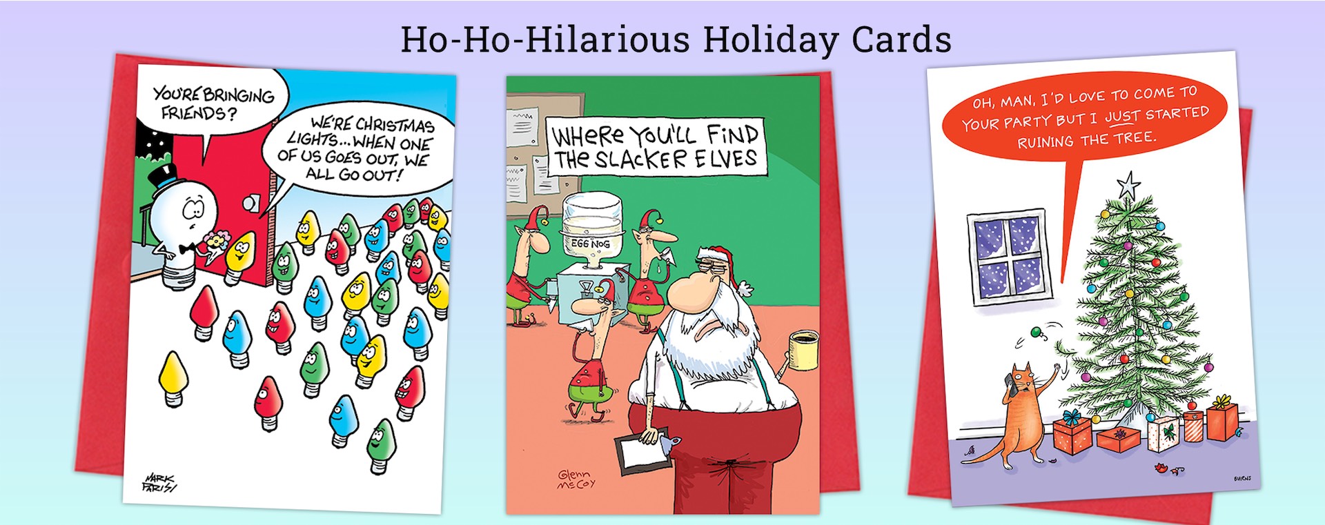 Holiday Cards Three colorful cartoons by glenn-mccoy: an airport security line, a man arguing with an angry pie, and a restroom scene with someone holding foam fingers labeled #1 and #2 over the stalls.
