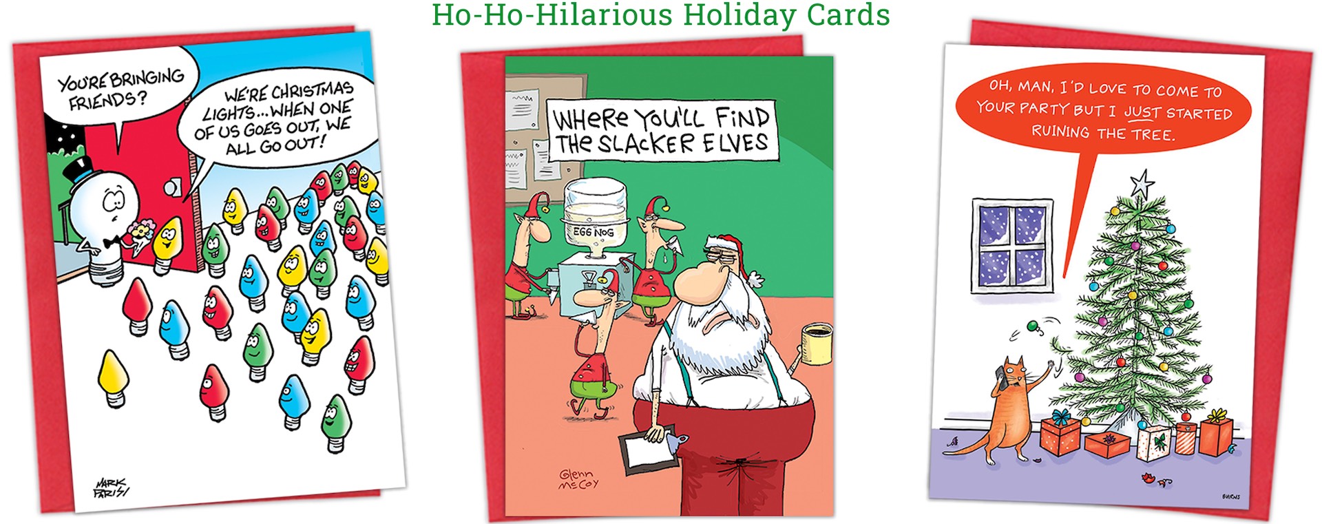 Holiday Cards Three colorful cartoons by glenn-mccoy: an airport security line, a man arguing with an angry pie, and a restroom scene with someone holding foam fingers labeled #1 and #2 over the stalls.