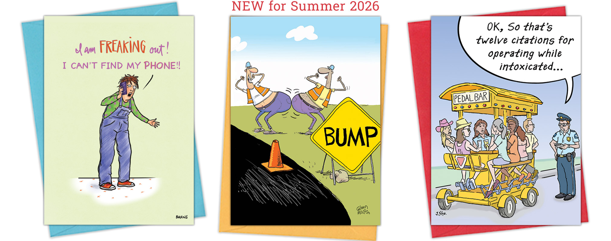 New Cards for 2026 Three colorful cartoons by glenn-mccoy: an airport security line, a man arguing with an angry pie, and a restroom scene with someone holding foam fingers labeled #1 and #2 over the stalls.
