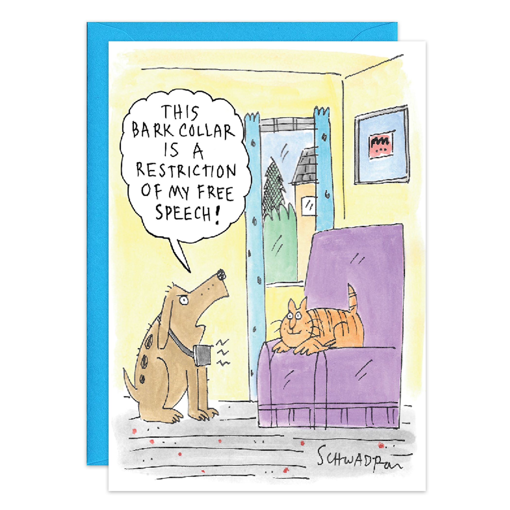 A cartoon dog wearing the 9220 bark collar grumbles, This restricts my free speech! to a relaxed cat on a purple couch. The scene belongs on a quirky birthday card, complete with a window view and an amusing picture on the wall.
