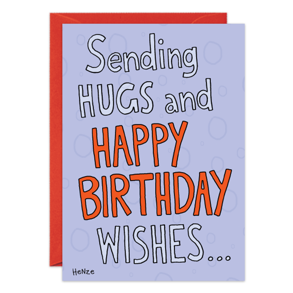 The 9221 Hugs Birthday Card features "Sending HUGS and HAPPY BIRTHDAY WISHES..." on a light purple background with subtle bubble patterns and comes with a red envelope.