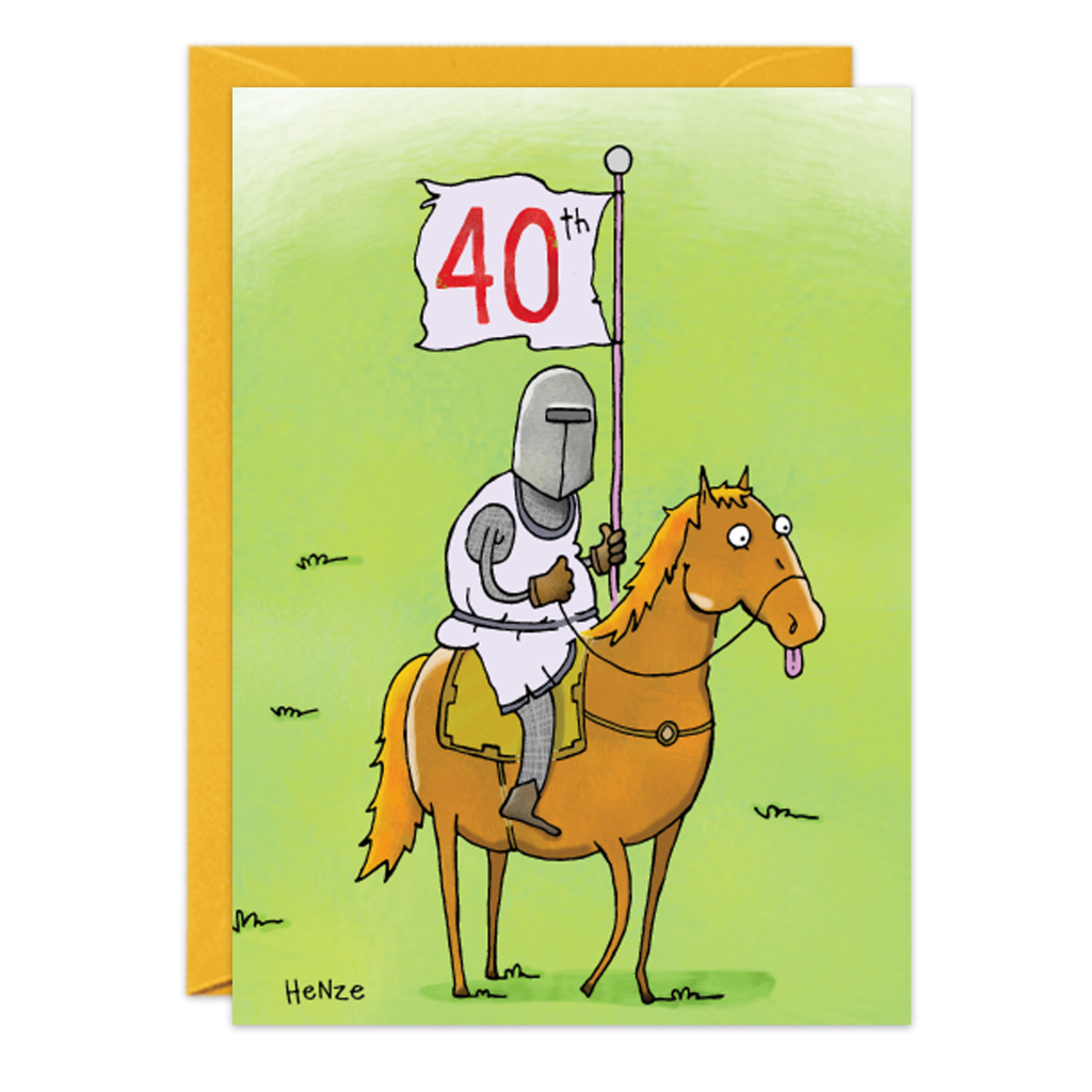 A playful 40th Birthday Card (Product 9227) features a cartoon medieval knight on a silly horse, both holding a "40th" flag. A yellow envelope is included behind the fun scene.