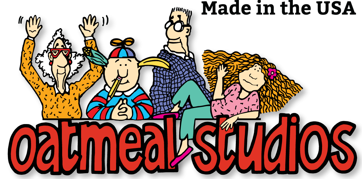 The Oatmeal Studios Logo features a colorful cartoon illustration with four quirky characters features an elderly person, a smiling boy with a cap, a bespectacled man, and a relaxed woman with long hair above the logo in red text. Made in the USA is printed in black at the top right of the image.