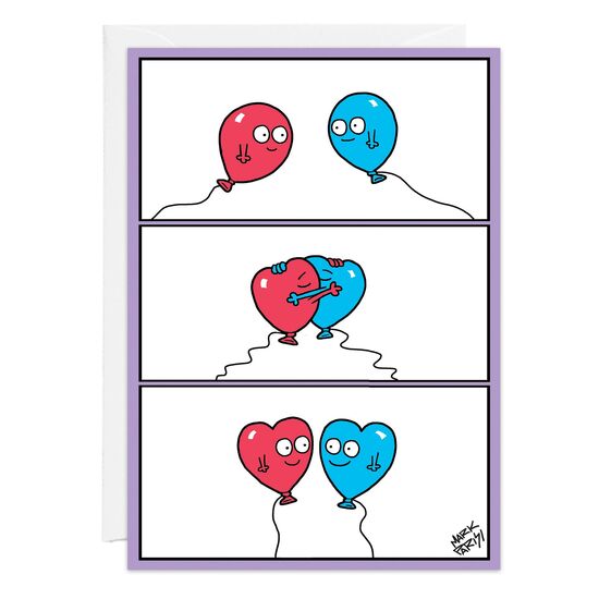 On greeting card 9281 shows a three-panel comic depicts a red and blue balloon smiling at each other. As they embrace, their strings form a heart shape, symbolizing their joyful connection—ideal for an anniversary celebration.