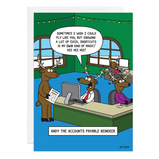 COVER: Andy The Accounts Payable Reindeer - Sometimes I wish I could fly like you, but knowing a lot of Excel shortcuts is my own kind of magic! Hee hee hee! INSIDE: I hope your holidays add up to happy memories!