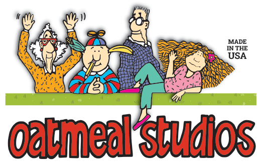 Four quirky cartoon characters in unique outfits sit on a green bench above the text "logo-grass." To the right, "MADE IN THE USA" appears in small print.
