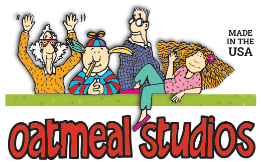 Four quirky cartoon characters sit and lean on a green bench above the bold red words "logo-grass_r2." "MADE IN THE USA" appears in black uppercase letters on the right.
