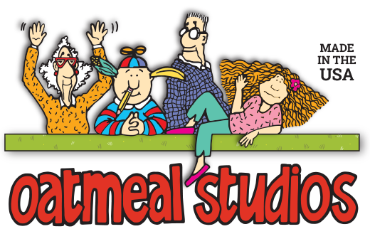 Four cartoon characters sit on and lean against a green bench above the red "oatmeal studios" logo. One waves, one wears a beanie, one has glasses, and one has long curly hair. Text reads "MADE IN THE USA." Product name: logo-grass_r3.