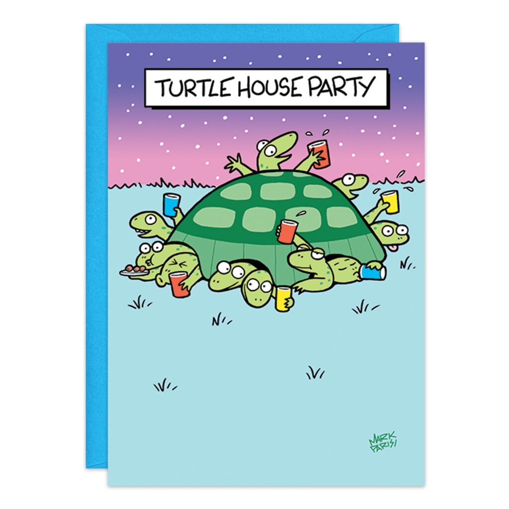 Product 9349 features a whimsical turtle with its shell as a house, surrounded by smaller turtles peeking out with cups. The starry purple sky above displays the text Turtle House Party, making it an ideal choice for a unique birthday card!.
