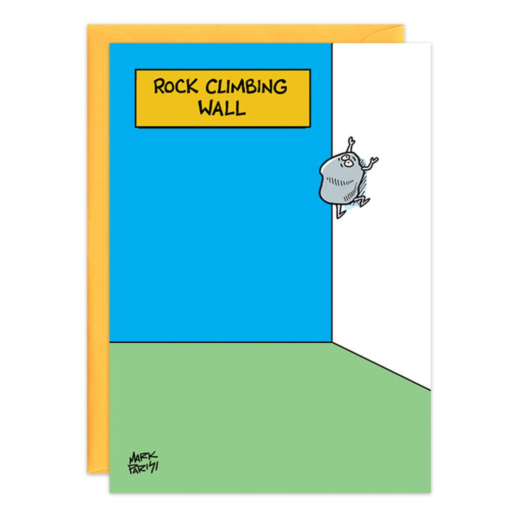 A humorous illustration for a birthday card: a rock climbing wall with a single gray rock labeled 9352. Perfect for sending laughs and perhaps some encouragement, like joining a Nickname Support Group.