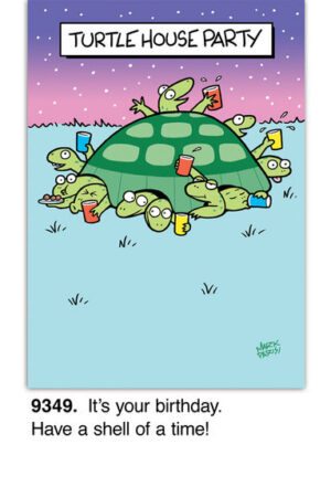 A birthday card depicts turtles partying under a shell. Some have drinks, and one wears a party hat beneath a purple starry sky. It reads Turtle House Party above and inside caption: It’s your birthday. Have a shell of a time!