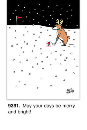 A cartoon reindeer with antlers and a green scarf plays golf in a snowy field. It lines up a putt toward a red flag as snowflakes fall, creating a festive scene. Caption: May your days be merry and bright!