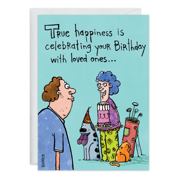 The 9375 greeting card features an illustration of a person holding a cake while another smiles warmly at them. Nearby, a cheerful dog in a party hat, a spotted cat, and a golf bag with clubs add to the festive scene. The card's message states, "True happiness is celebrating your birthday with loved ones.