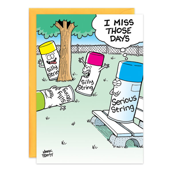 A cartoon features three 9379 cans having fun around a tree, one with a yellow cap and another lying on the grass. Meanwhile, a blue-capped can is seated on a bench reminiscing with the thought, "I miss those days," labeled as Serious String. The card is paired with an orange envelope.