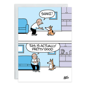 Cartoon of a man and a dog in a living room. The man says Shake! to the dog, but in the next panel, they’re shaking hands while the man sips a 9380. The man comments, This is actually pretty good.