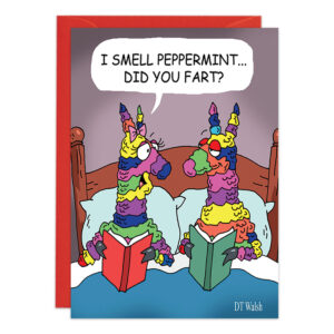 A whimsical illustration featuring two vibrant llamas in bed, each with a book. One llama comments, "I smell peppermint... did you fart?" Both seem surprised and puzzled. The scene includes a minimalist headboard and is framed by a red border. Product Name: 9388