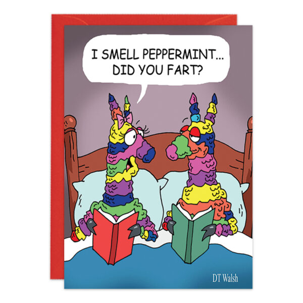 A whimsical illustration featuring two vibrant llamas in bed, each with a book. One llama comments, "I smell peppermint... did you fart?" Both seem surprised and puzzled. The scene includes a minimalist headboard and is framed by a red border. Product Name: 9388