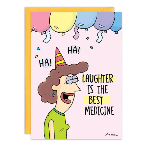 Illustration of a woman with curly hair wearing a party hat, laughing. She is surrounded by colorful balloons and confetti. Text reads, "Product 9396: Laughter is the best medicine.