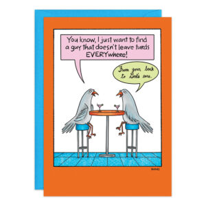 A cartoon depicts two pigeons sitting at a table with cocktails. One pigeon says, "You know, I just want to find a guy that doesn't leave turds EVERYWHERE!" The other pigeon replies, "From your beak to God's ears." This card, identified as product 9401, features an orange border and comes with a blue envelope.