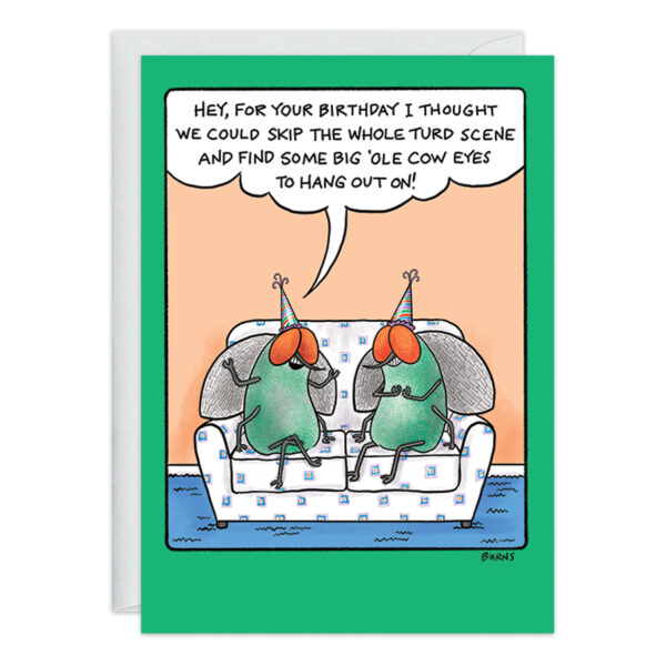 A birthday card titled "9403" features two cartoon flies in party hats relaxing on a couch. One fly remarks, "Hey, for your birthday I thought we could skip the whole turd scene and find some big ole cow eyes to hang out on!