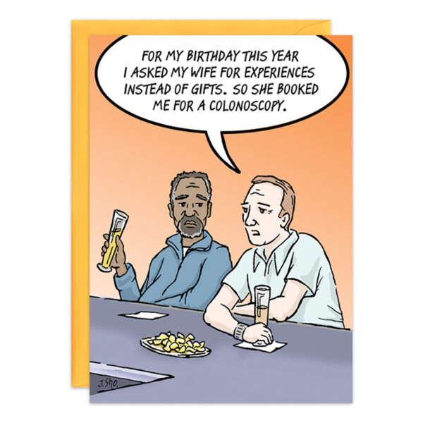 A humorous comic shows two men sitting at a bar. One holds a beer, joking about asking his wife for experiences instead of gifts for his birthday. He continues, revealing she booked him for a 9412.