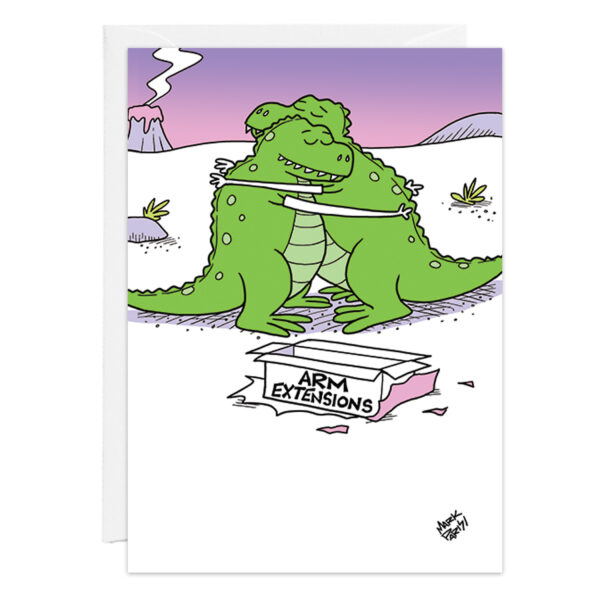 Two green dinosaurs happily hug in a prehistoric landscape, with an open box labeled 9419 at their feet, suggesting the contents helped them embrace.