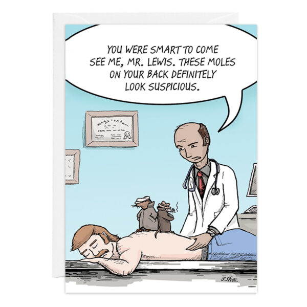 A doctor examines a man’s back and comments on suspicious moles, while two real mole animals (product 9427) stand on his back, creating a humorous misunderstanding.