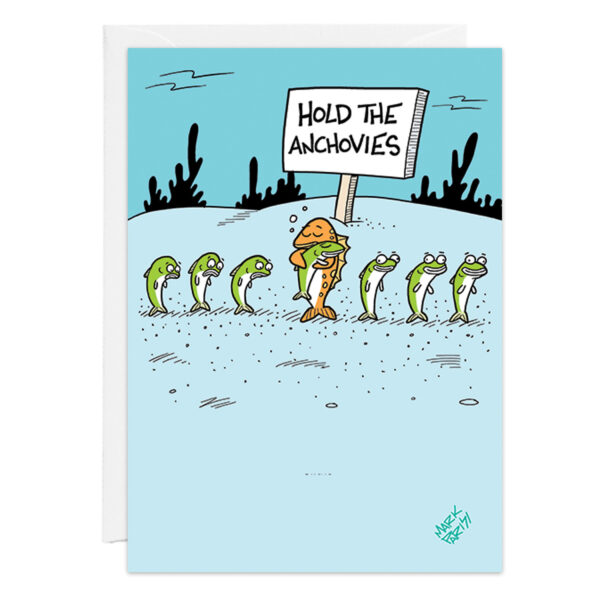 Cartoon “9435” features a fish underwater, holding a “HOLD THE ANCHOVIES” sign in front of anchovy fish. The light blue background includes sea plants and sand.