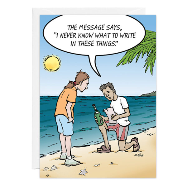 A man kneels on a beach, holding Product 9437 with a note, telling a woman, The message says, I never know what to write in these things. The sun shines over the ocean and palm tree behind them.