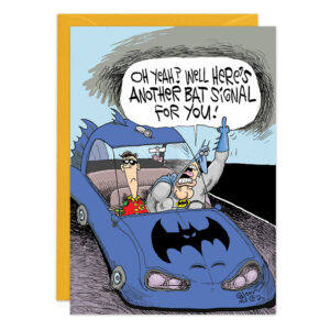 A cartoon of Product 9438 in a car. The driver angrily makes a rude hand gesture out the window, saying, Oh yeah? Well heres another signal for you! The passenger looks surprised.