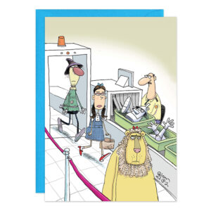 A cartoon of airport security: a tired line waits as an annoyed person in a lion costume stands behind others; a security officer checks trays. Product 9439 is depicted with a blue envelope behind the card.