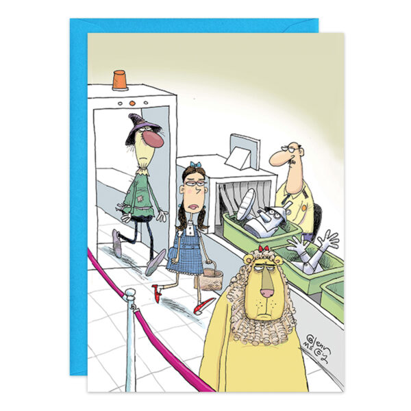 A cartoon of airport security: a tired line waits as an annoyed person in a lion costume stands behind others; a security officer checks trays. Product 9439 is depicted with a blue envelope behind the card.