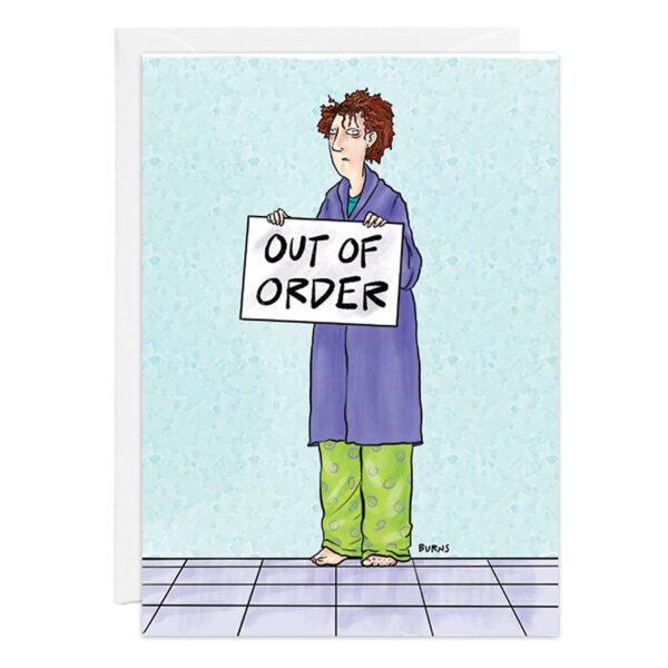 A tired person in pajamas and a robe stands barefoot on a tiled floor, holding a sign that says OUT OF ORDER, next to Product 9446.