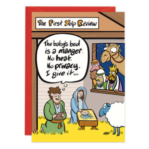 A cartoon nativity scene features Mary, Joseph, and baby Jesus in a manger. Joseph posts a Yelp review: The babys bed is a manger. No heat. No privacy. I give it... Three wise men, camel, and sheep watch—perfect for Christmas! Product: 9451.