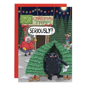 The 9452 cartoon Christmas card features Santa shocked as a bear uses a Fresh Cut Christmas Tree as a bathroom, holding toilet paper and looking annoyed. A child and Christmas lights are in the background. Santa exclaims, SERIOUSLY?!.