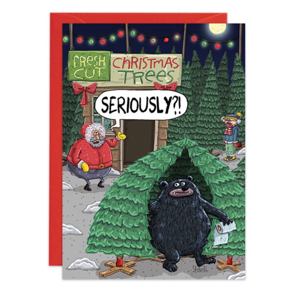 The 9452 cartoon Christmas card features Santa shocked as a bear uses a Fresh Cut Christmas Tree as a bathroom, holding toilet paper and looking annoyed. A child and Christmas lights are in the background. Santa exclaims, SERIOUSLY?!.