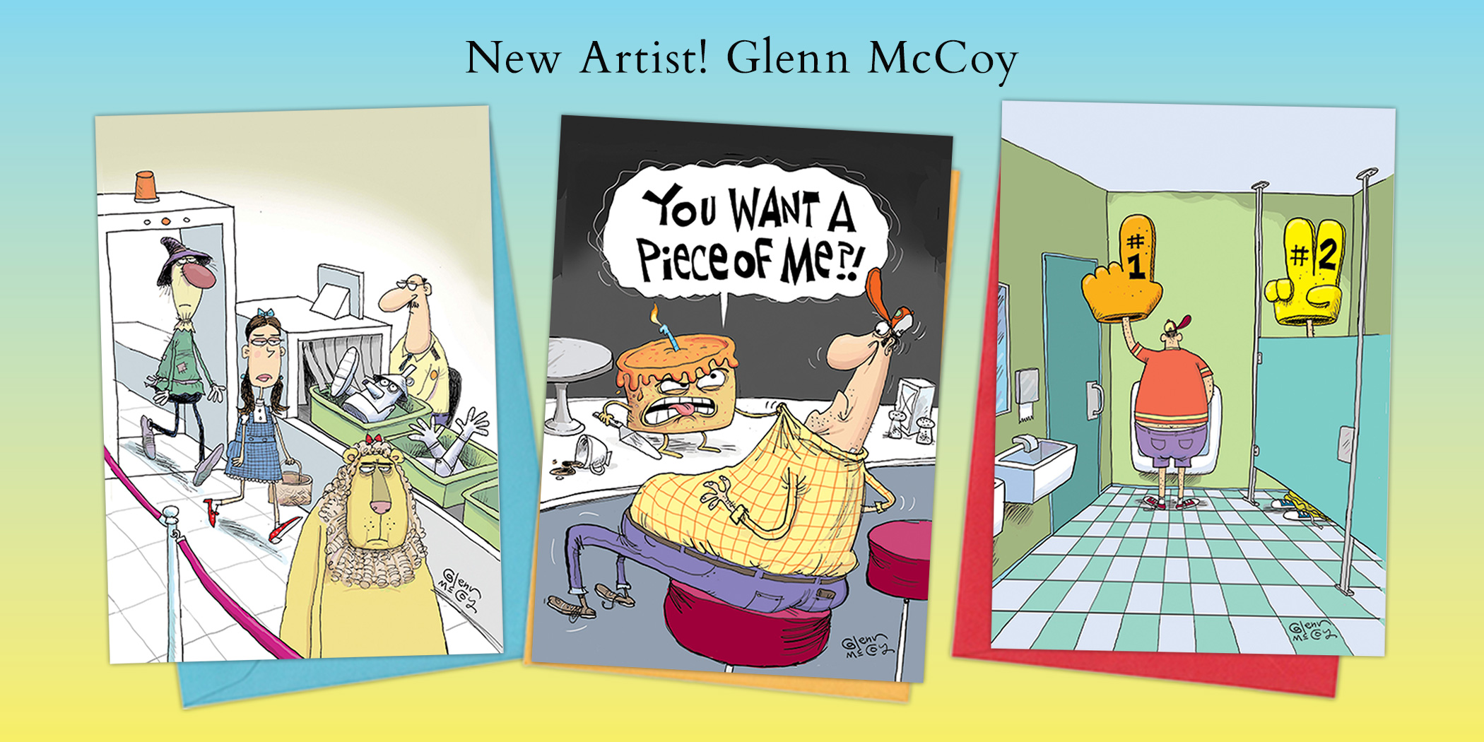 Three colorful cartoons by glenn-mccoy: an airport security line, a man arguing with an angry pie, and a restroom scene with someone holding foam fingers labeled #1 and #2 over the stalls.