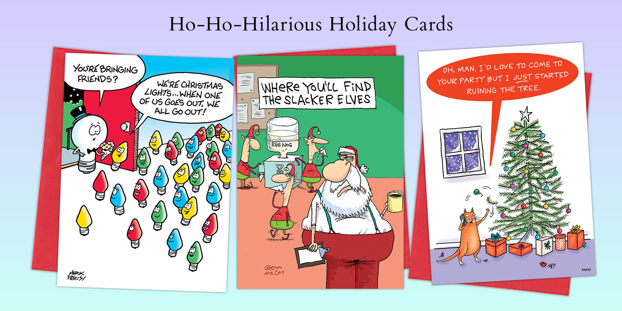 Three colorful cartoons by glenn-mccoy: an airport security line, a man arguing with an angry pie, and a restroom scene with someone holding foam fingers labeled #1 and #2 over the stalls.