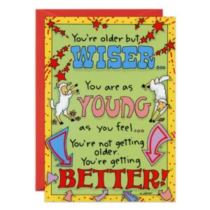 1317.jpg is a colorful birthday card with dancing sheep, stars, and arrows. Inside are cheerful messages: "You're older but WISER," "As YOUNG as you feel," and "You're not getting older—you're getting BETTER!.
