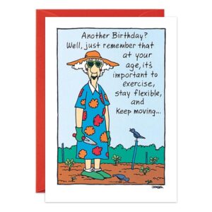 The 1384.jpg Keep Moving Birthday Card shows a fun older woman in a floral dress, sunhat, and sunglasses gardening. Its playful message encourages staying active as you age.
