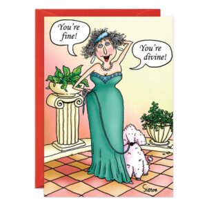 Cartoon of a smiling woman in a fancy green dress with curly hair, holding a small white poodle. Speech bubbles: “You’re fine!” and “You’re divine!” Indoor scene—great for birthday cards like 7386.jpg.