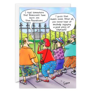 Four cartoon people stand by the White House fence, two holding cameras. One says, "I read somewhere Democrats have more sex than Republicans." Another replies, "You never hear of anybody enjoying a good piece of elephant!" 8174.jpg.