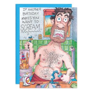 A panicked cartoon man with messy hair clutches a broken razor in a chaotic bathroom, while a cat in a party hat sits by the toilet. Text: If another birthday makes you want to scream... Product: 8627.jpg.