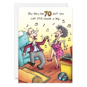 Lively cartoon of an elderly couple dancing in their living room—woman in a pink dress, man in a red jacket, with musical notes around them. 8789.jpg is the perfect birthday card for a fun 70th celebration!.